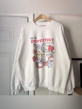 MURE + GRAND white cotton fleece cat floral crew neck graphic pullover sweater
